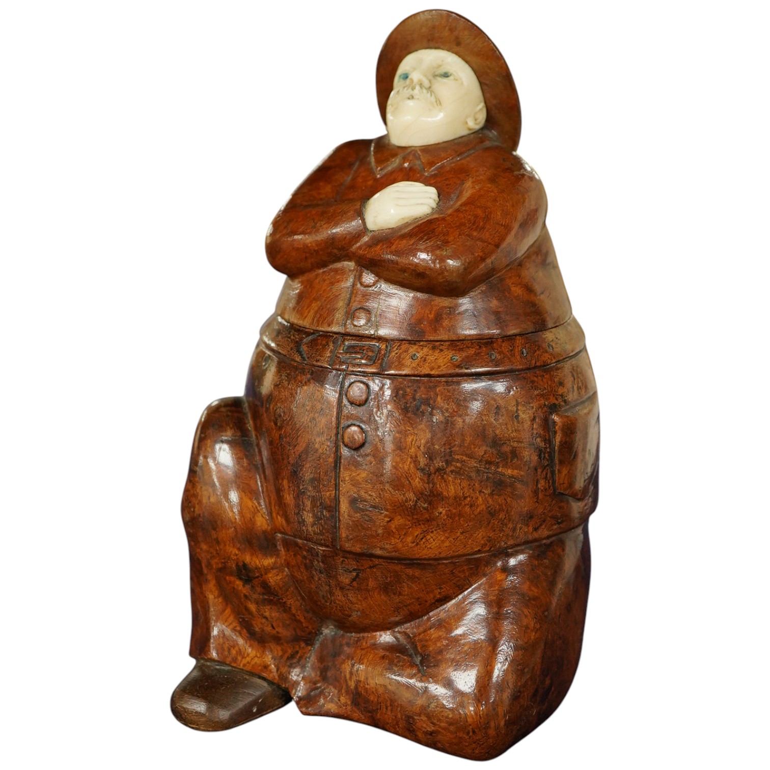 A Thuya wood and ivory figural tobacco box, 19.5cm - CITES Submission reference WK3EC3XH